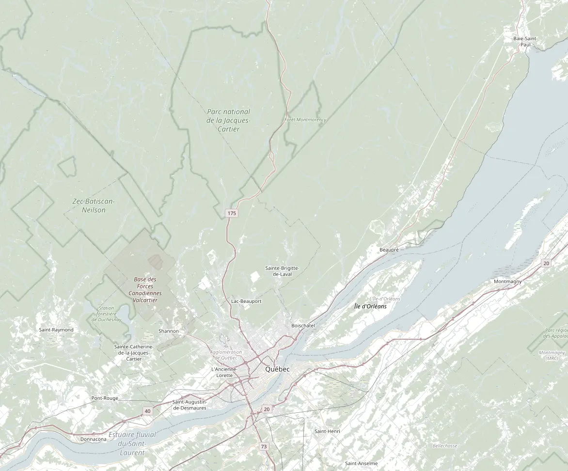 Carte de la région de Québec, de Portneuf à Charlevoix, avec le fleuve Saint-Laurent et l'île d'Orléans